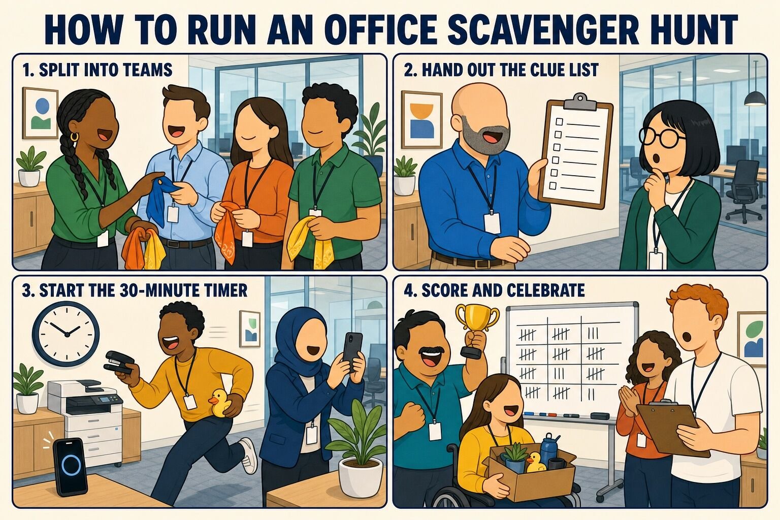How to run an office scavenger hunt in four steps: split into teams, hand out the clue list, start the 30-minute timer, and score and celebrate
