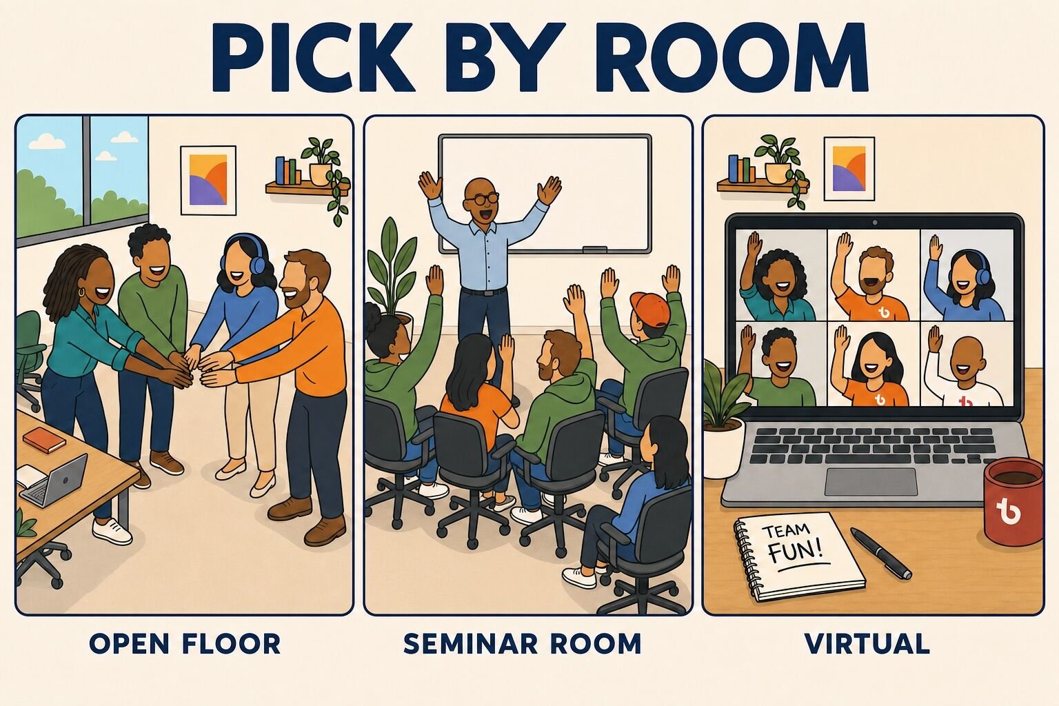 Three energizer settings compared: an open office floor, a seminar room of seated rows, and a video call