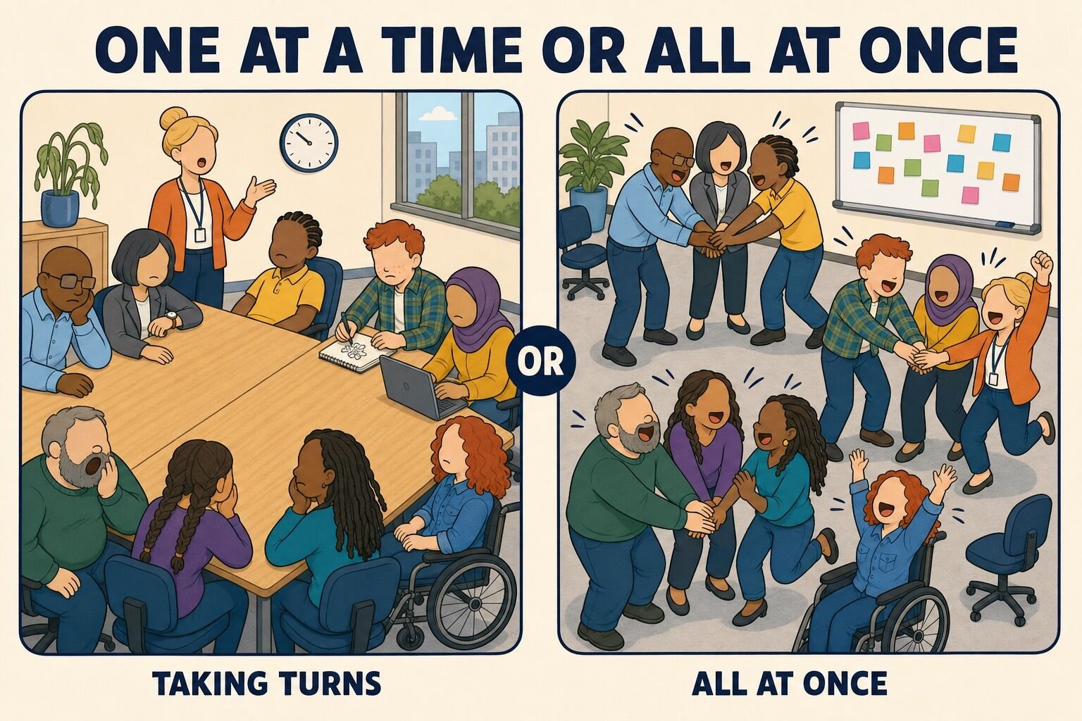 Comparison illustration: a bored room taking turns versus the same room split into small clusters playing at once