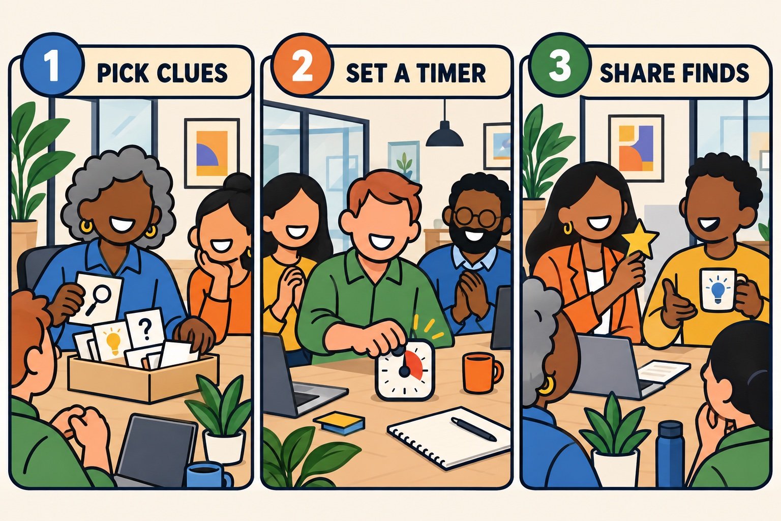 Three steps for a holiday hunt: choose clues, set a timer, and share the finds.