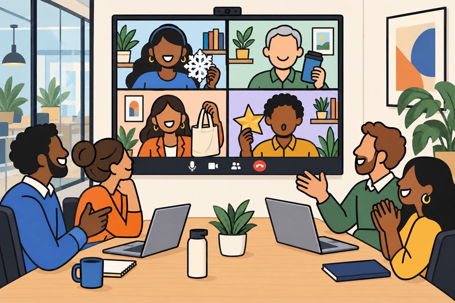 Remote coworkers share found objects and drawings during a holiday video-call hunt.