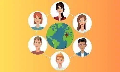 A cartoon of six people surrounding a globe