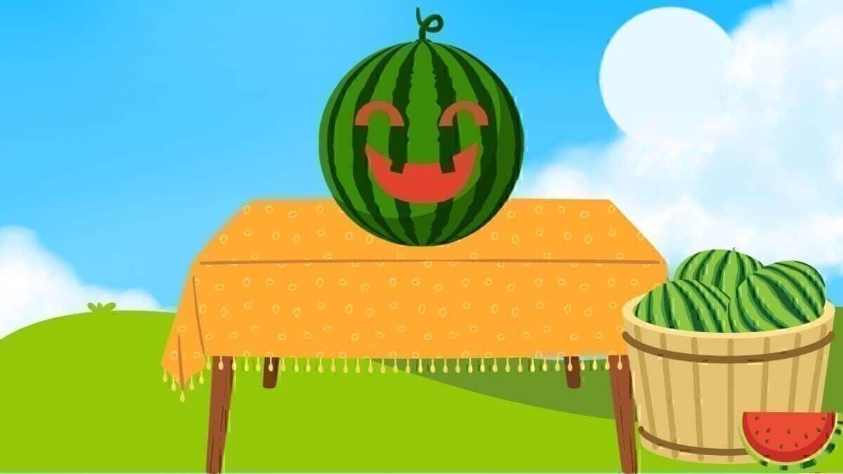 cartoon of jack o lantern carved out of a watermelon in front of a blue sky and green field