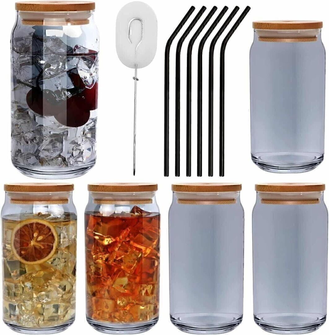 A picture of six glass cups and straws