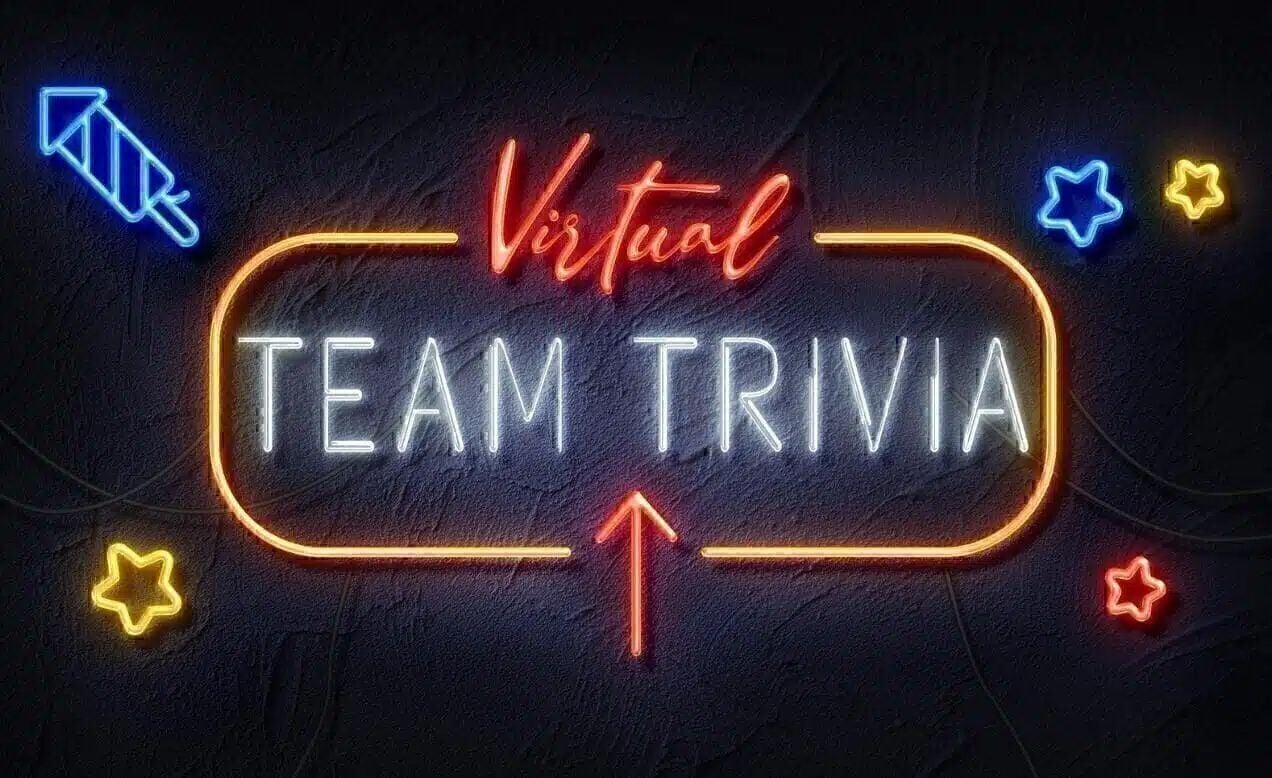 Group of coworkers participating in a virtual trivia game during happy hour.