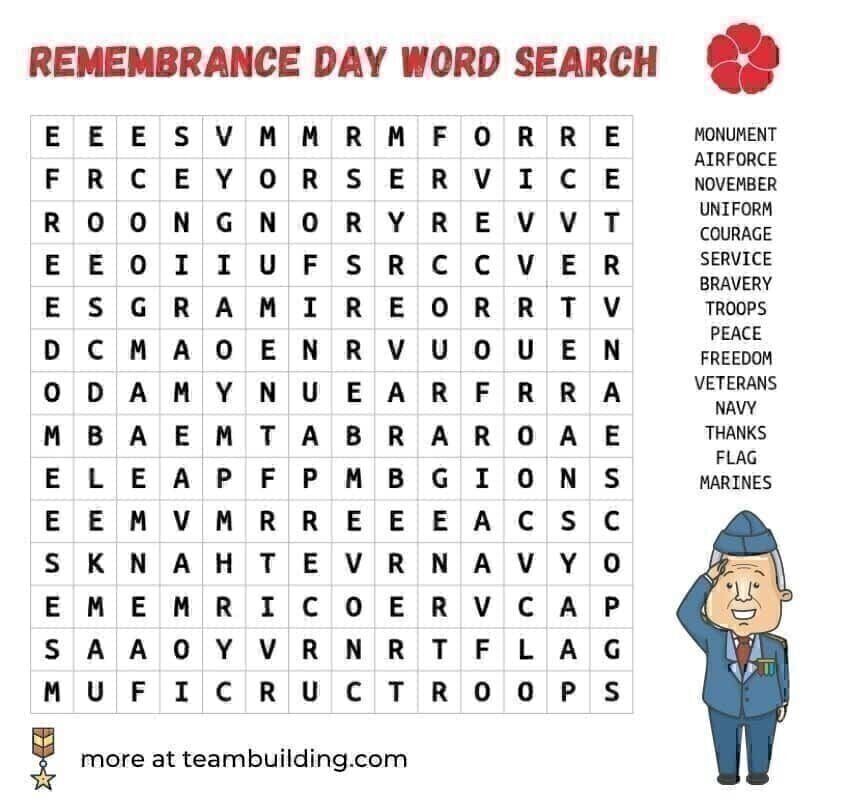 Remembrance Day word search