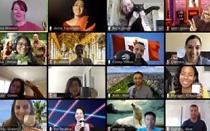 Group call on Zoom with fun backgrounds and props