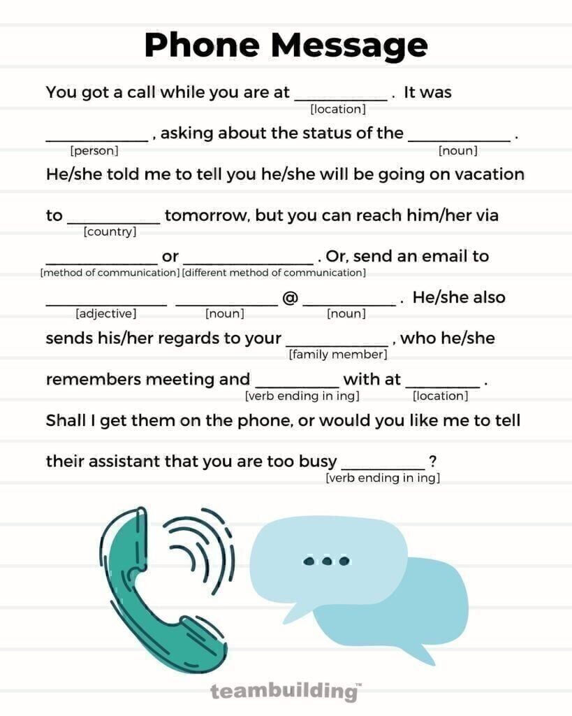 Phone Message Admin Day Mad Lib Game